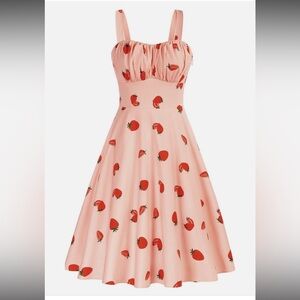 NWT Belle Poque Strawberry Print Pink Swing Midi A Line Dress